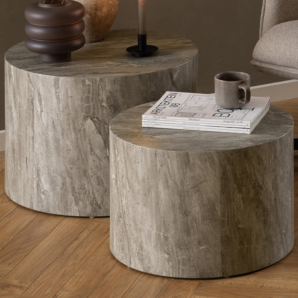 Florence Dice Round Grey Marble Coffee Table Set of 2 Image 1