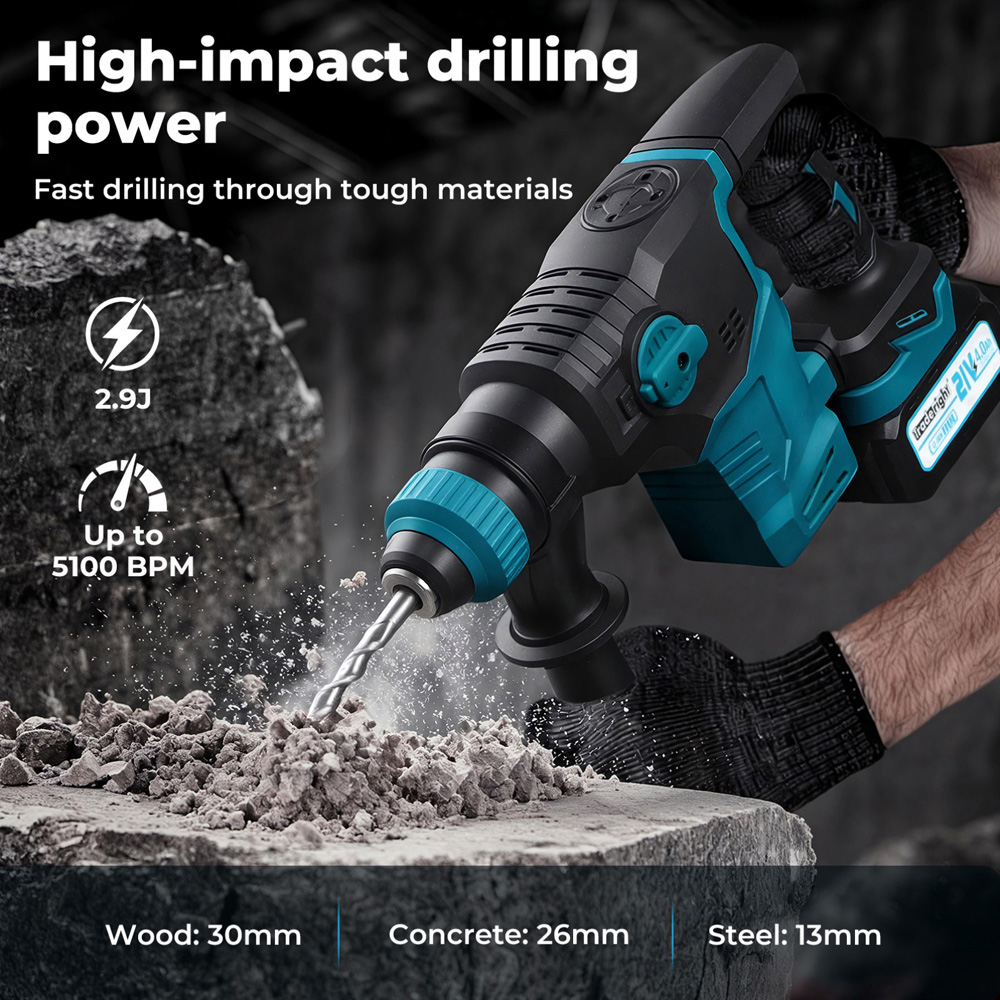 Traderight HW0302-UK SDS Plus Cordless Rotary Hammer Drill with Accessories 21V Image 8