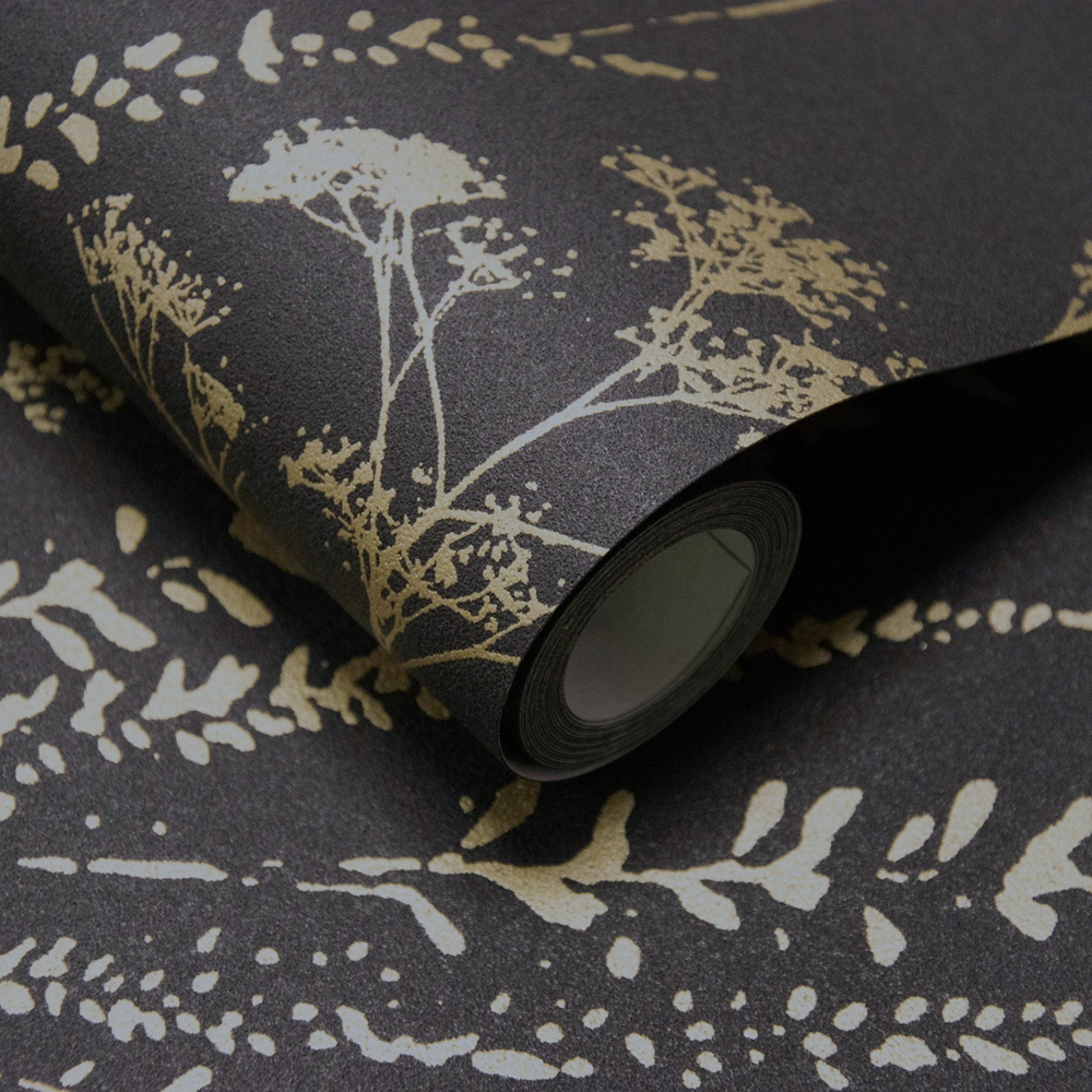 Grandeco Halm Grass and Flower Sprigs Blown Vinyl Black Gold Wallpaper Image 2