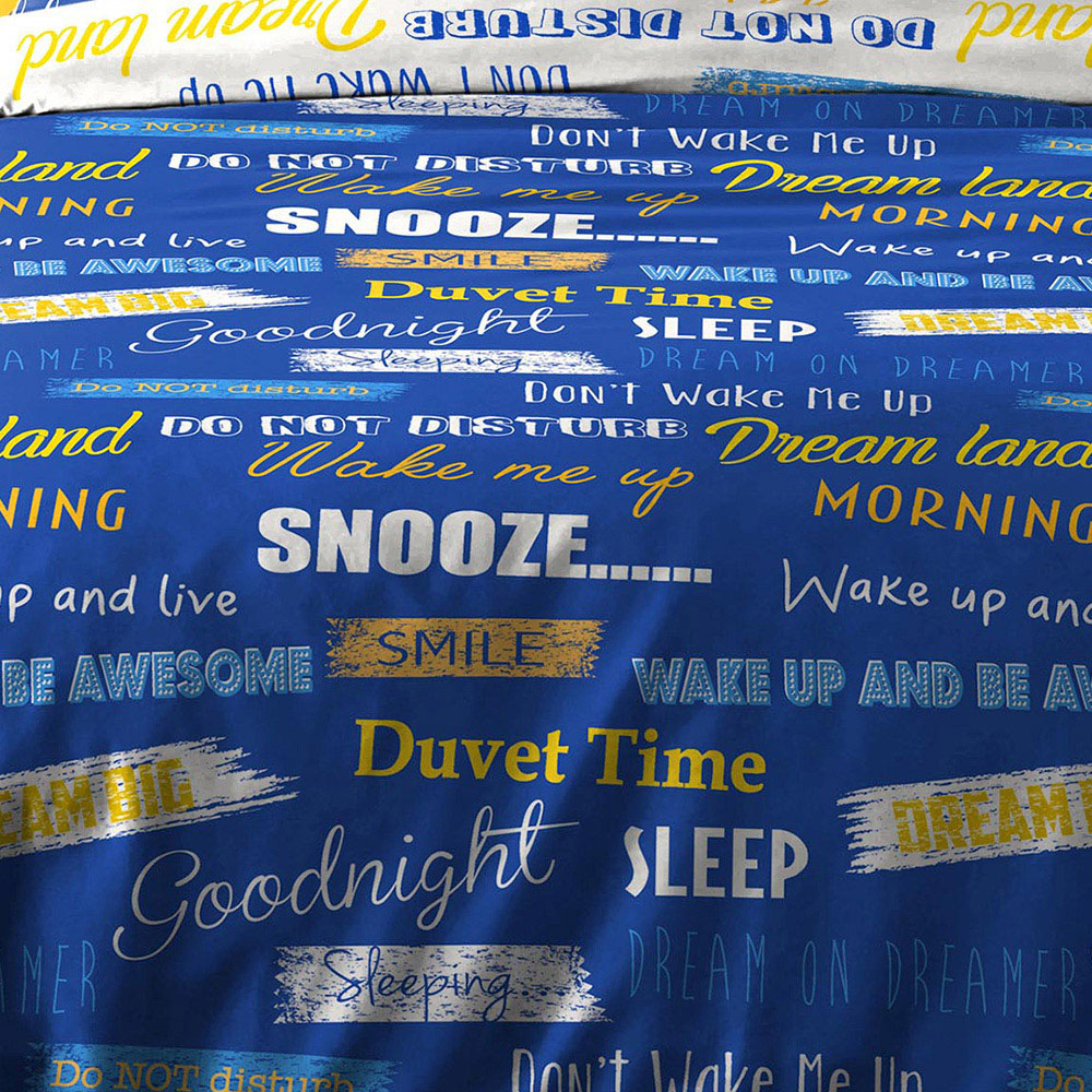 Velosso King Size Blue Snooze Wake Me Up Theme Slogan Duvet Cover Set Image 2