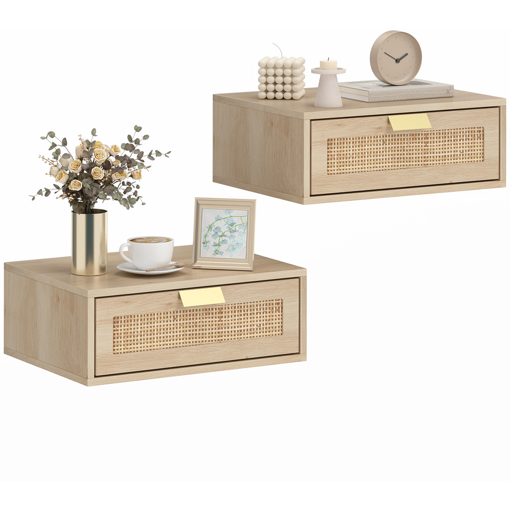 Portland Single Drawer Oak Effect Natural Rattan Boho Floating Nightstand Set of 2 Image 2