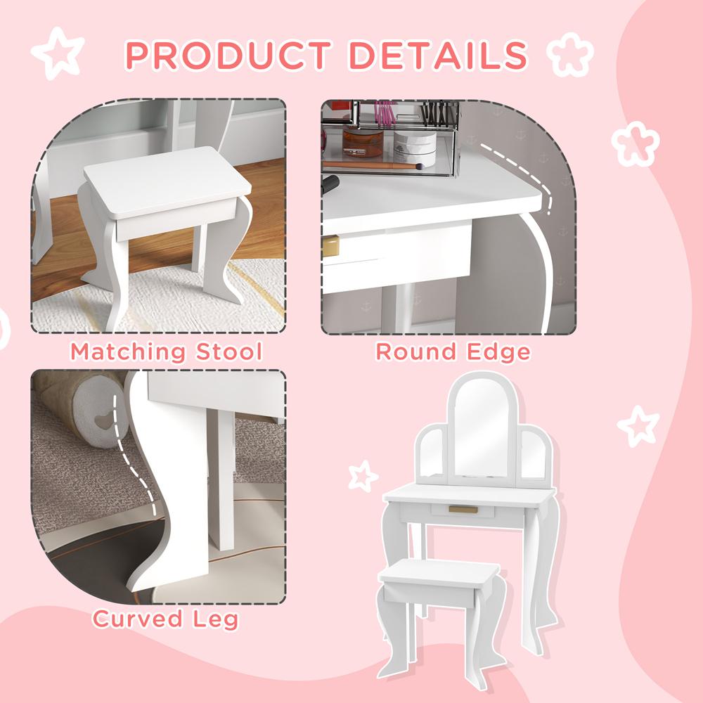HOMCOM Single Drawer White Mirror Kids Dressing Table and Stool Set Image 6
