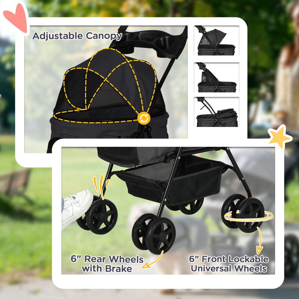 PawHut Foldable Black Pet Stroller with Canopy Image 4