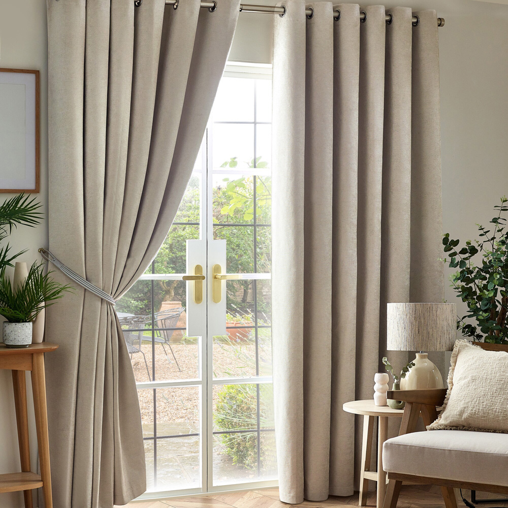 Alan Symonds Cream Chenille Blackout Ring Top Eyelet Curtains 229 x 229cm Image 1