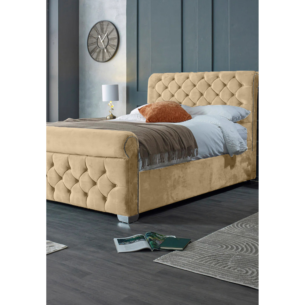 Eleganza Home Veneta King Size Beige Plush Velvet Bed Frame with Chesterfield Headboard Image 3