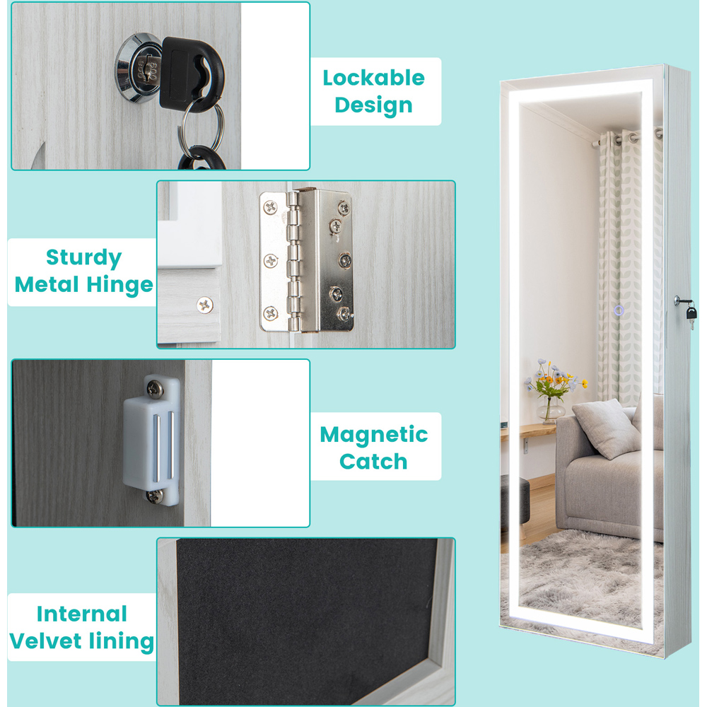 Costway White LED Mirror Jewellery Cabinet with Lockable Magnetic Door Image 4