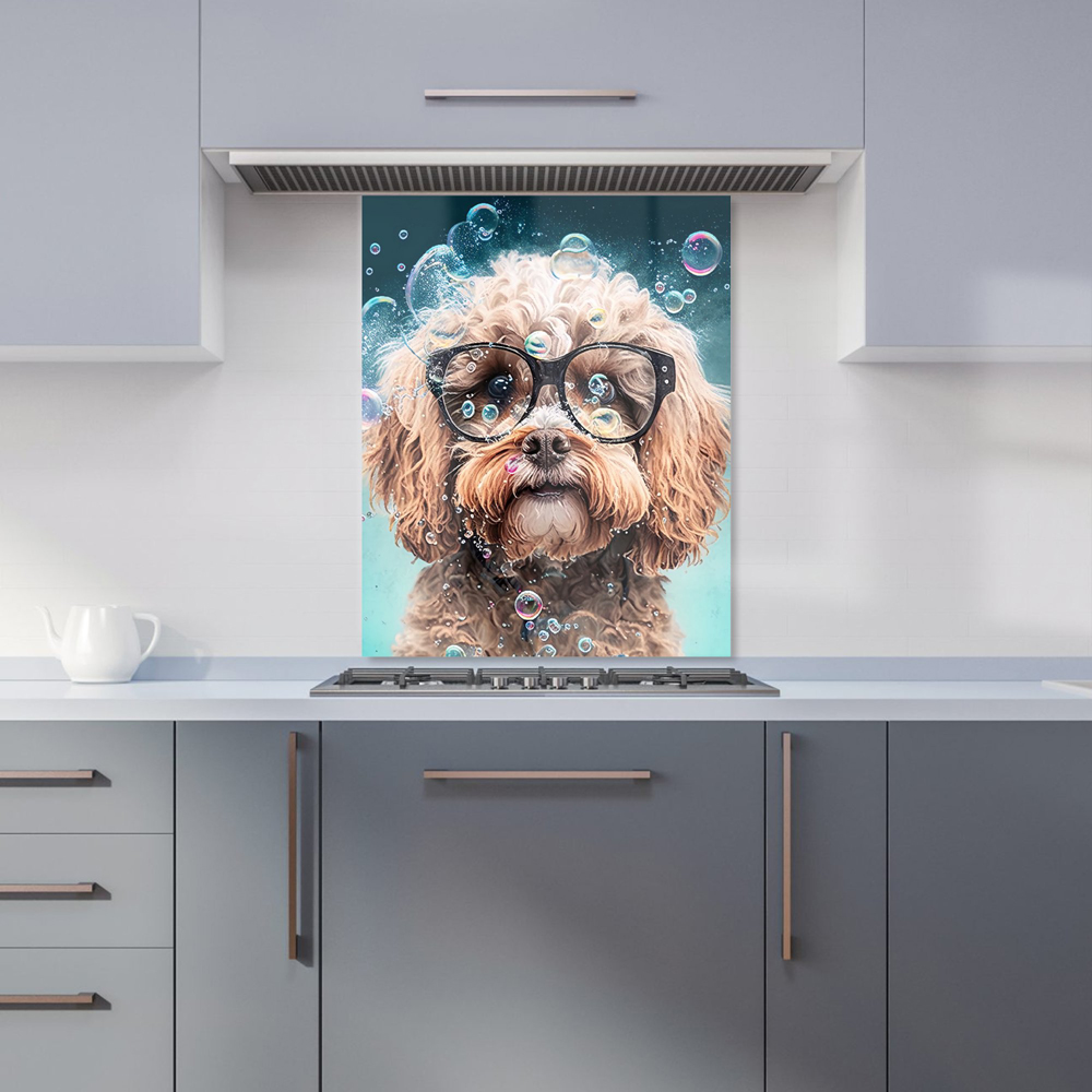 Warren Reed Designer Cavapoo Dog with Glasses Splashart Glass Kitchen Splashback 75 x 60cm Image 1