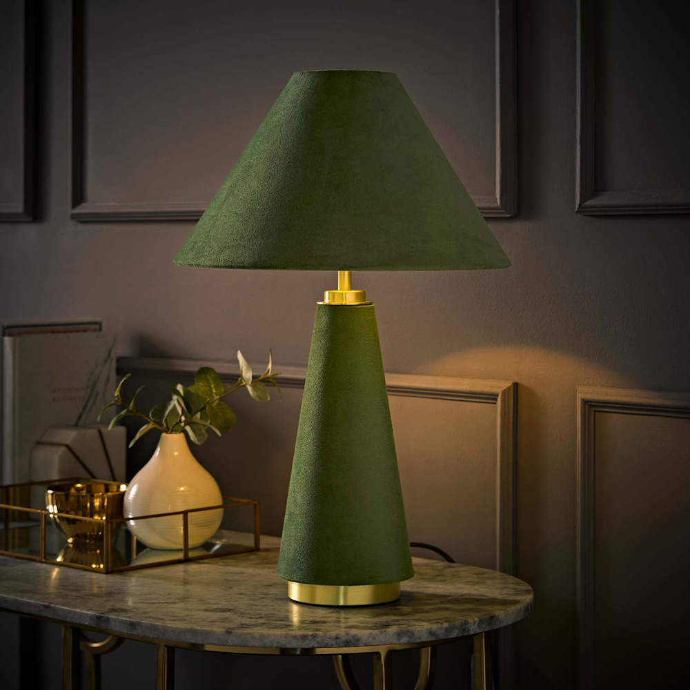 ValueLights Martha Green Velvet Conical LED Table Lamp with Bulb Image 2