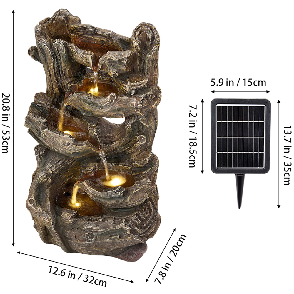 Living and Home 5-Tier Rustic Log Wood and Rock Effect Solar LED Water Feature Image 5