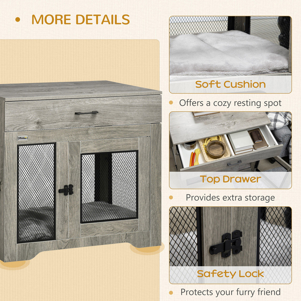 PawHut Single Drawer Grey Medium Dog Pet Crate Side Table with Cushion Image 4