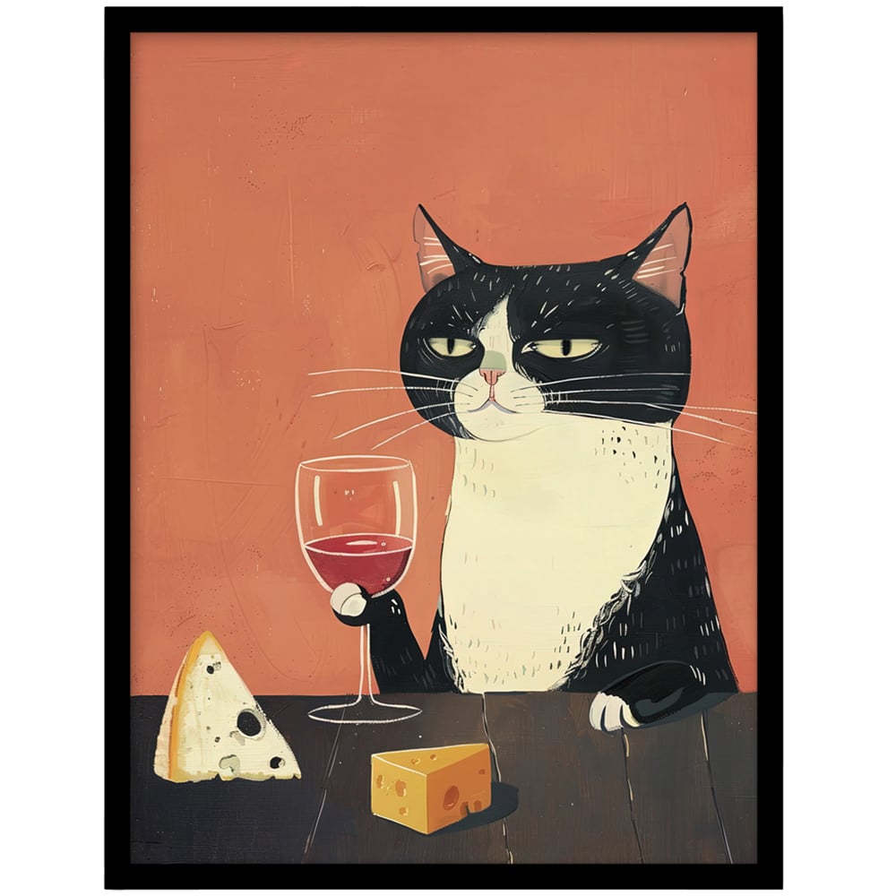 Artery8 Tuxedo Cat Wine Cheese Lover Framed Wall Art Print 21 x 29.7cm Image 1
