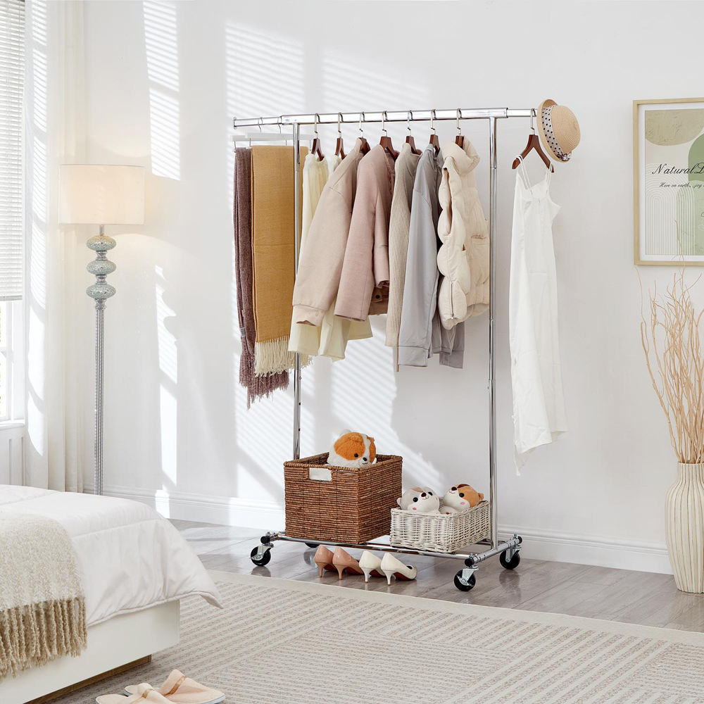 House Of Home Single Shelf Chrome Heavy-Duty Adjustable Rolling Clothes Rail Image 2