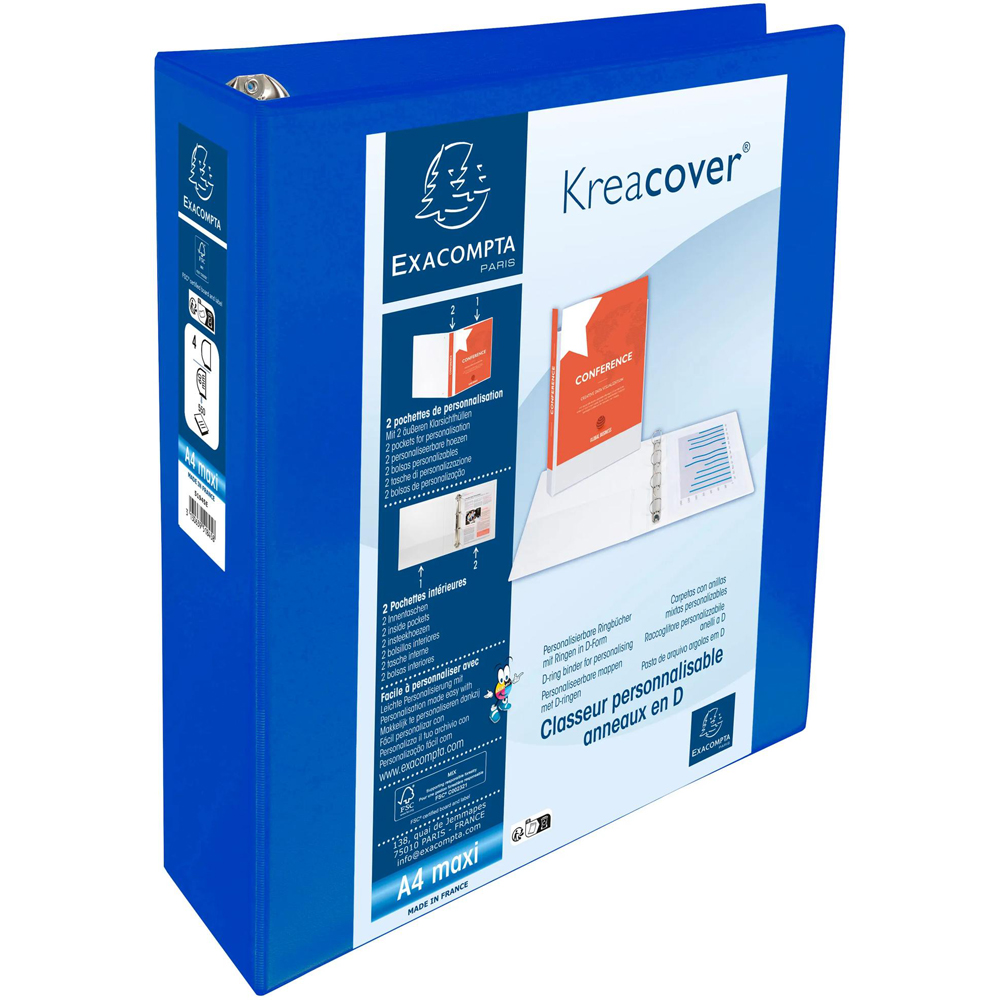 Exacompta Kreacover Blue Polypropylene Personal 4D Ring Binder with 3 Pockets 60mm 10 Pack Image 1
