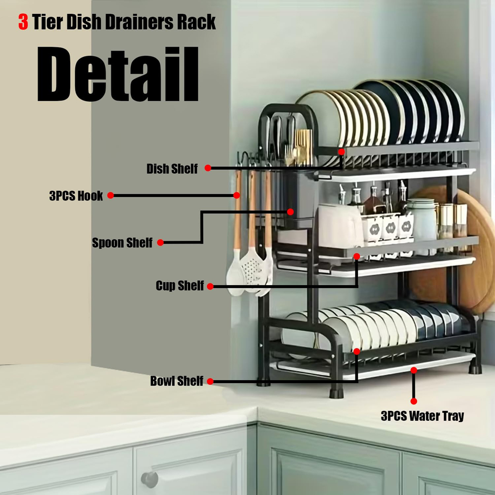 ATEK 3-Tier White Dish Drying Rack with Drip Tray Image 4