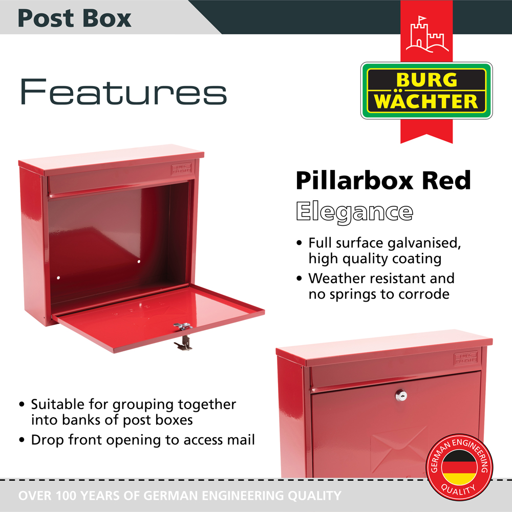 Burg-Wachter Red Elegance Wall Mounted Galvanised Steel Lockable Weatherproof Post Box - 36x31x10cm Image 2