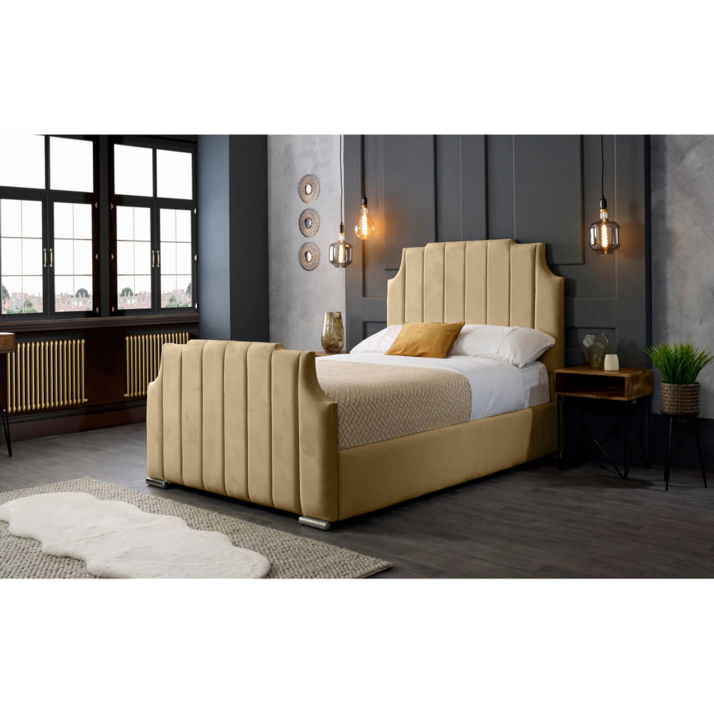 Eleganza Home Nelson Double Beige Plush Velvet Bed Frame with Headboard Image 5