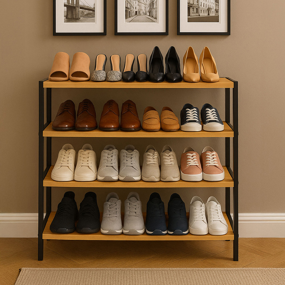 Neo 4 Shelf Black and Natural Bamboo Shoe Rack Image 2