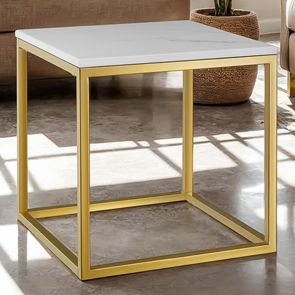 tectake Alysia Gold and White Marble Top Square Side Table Image 1