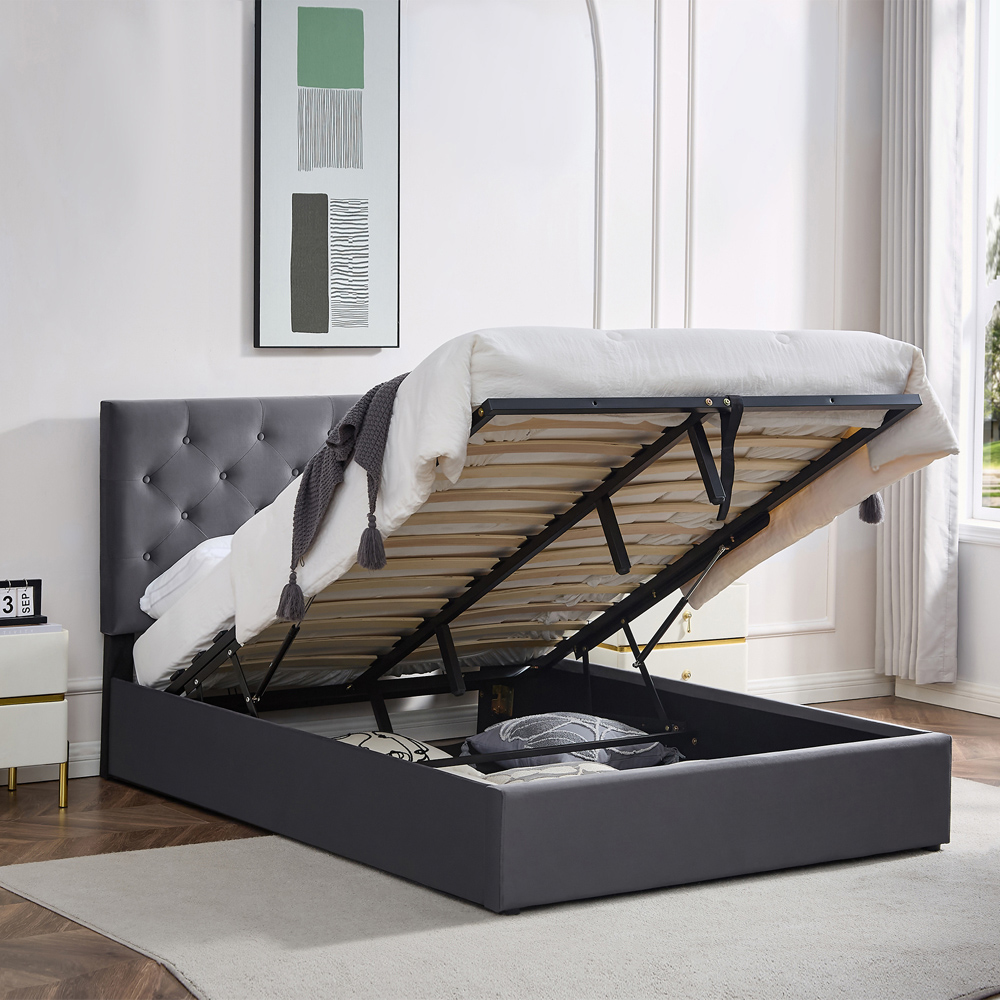 Furniture One King Size Grey Upholstered Platform Storage Bed Frame with Tufted Headboard Image 3