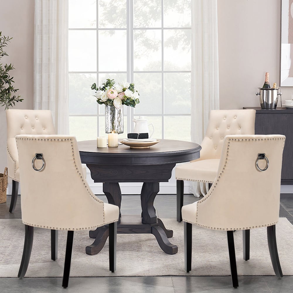Costway Beige Button Tufted Velvet Studded Dining Chair Image 8