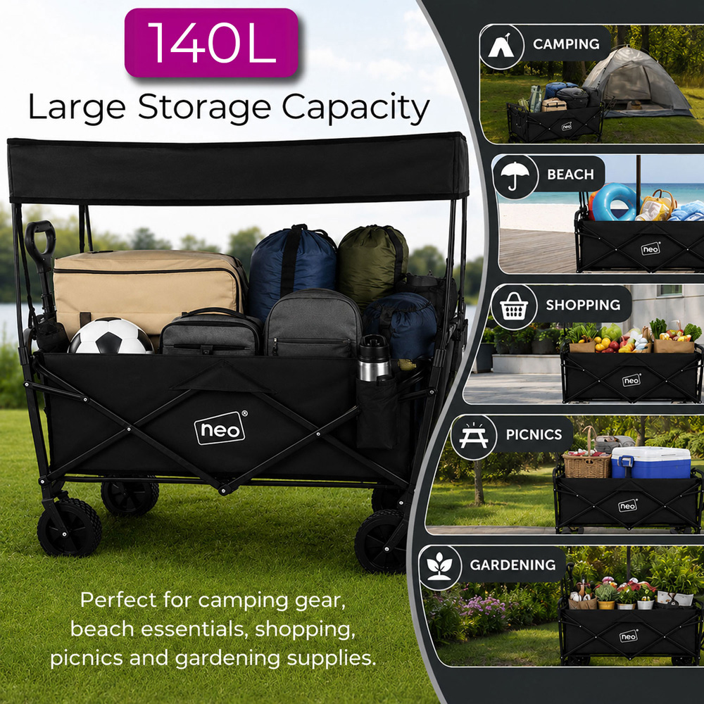 Neo Direct 140L Black Heavy Duty Folding Garden Trolley Cart with Canopy Image 6
