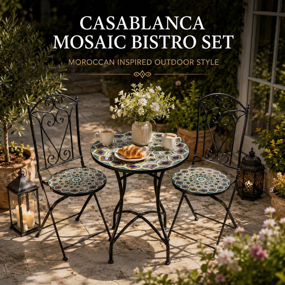 Shatchi Casablanca 2 Seater Mosaic Ceramic Tile Top Foldable Bistro Set Image 6