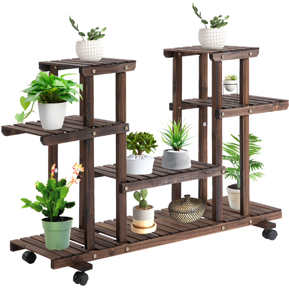Outsunny 4 Tier Wood Plant Stand with Wheels 123.5 x 33 x 80cm Image 1