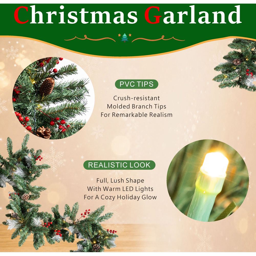 Abrihome 50 Warm White LED Artificial Christmas Garland with Tips Pinecones and Red Berries 270cm Image 6
