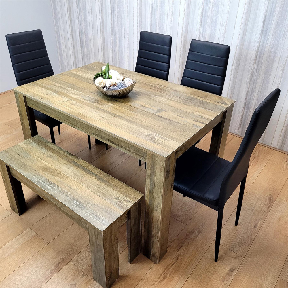 Kosy Koala 6 Seater Wood and Faux Leather Dining Bench Set Rustic Effect and Black Image 7