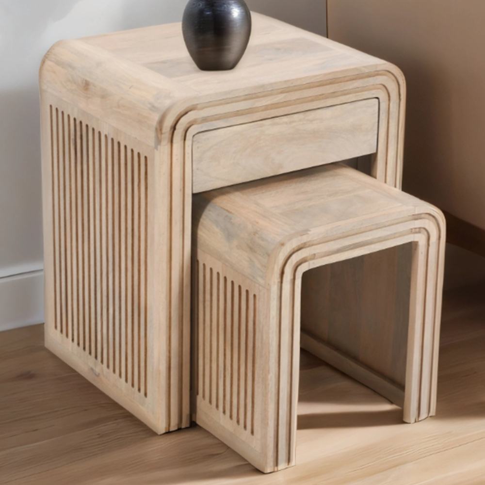 Brooklyn Hudson Single Drawer Carved Mango Wood Nest of Tables Set of 2 Image 1