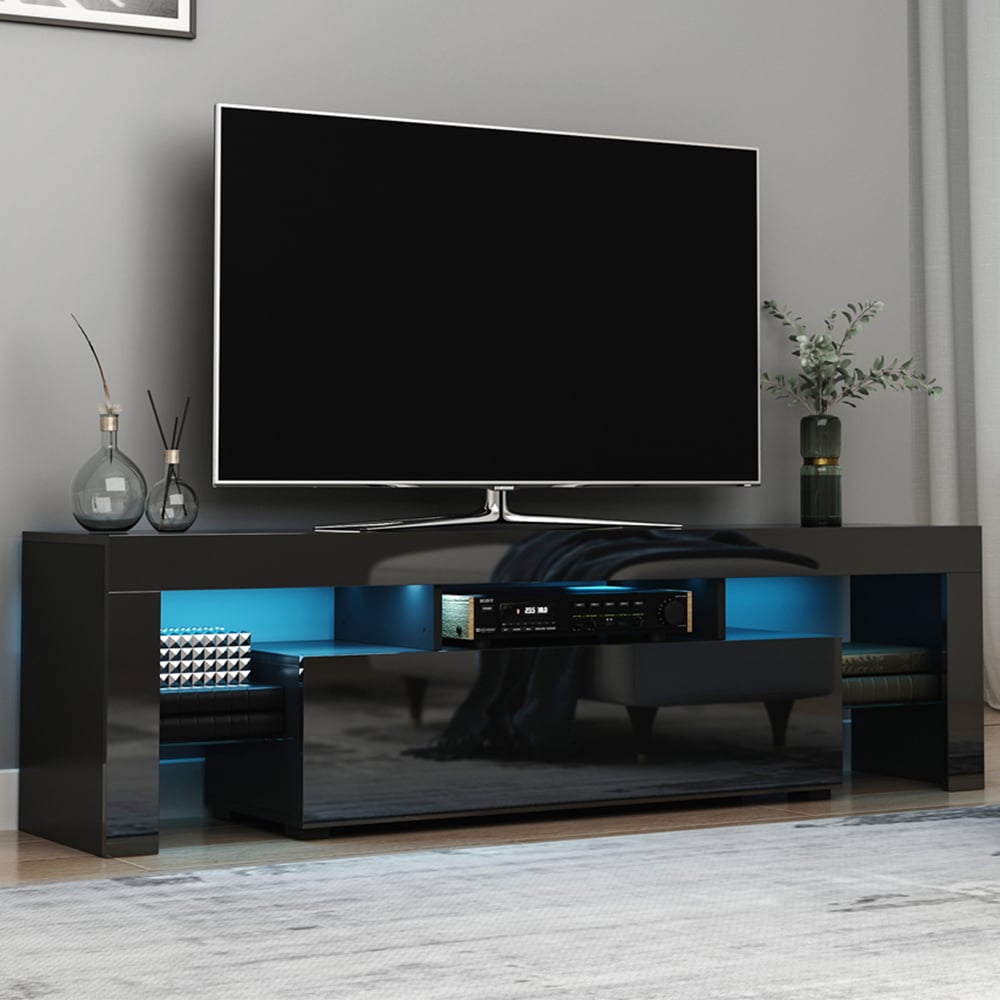 Portland Single Door Black High Gloss TV Cabinet with LED Image 1