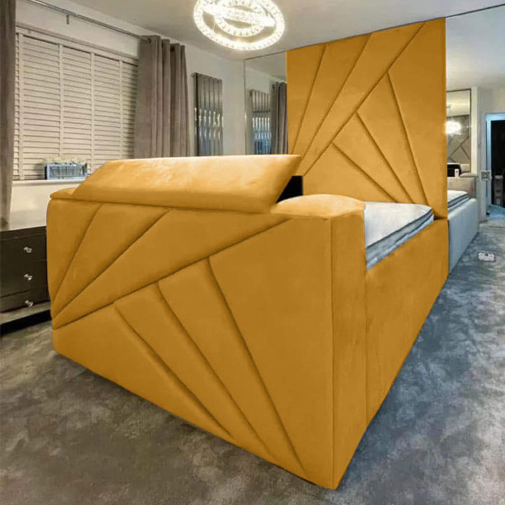 Eleganza Home Tina King Size Mustard Plush Velvet Bed Frame with Headboard and Remote Image 1