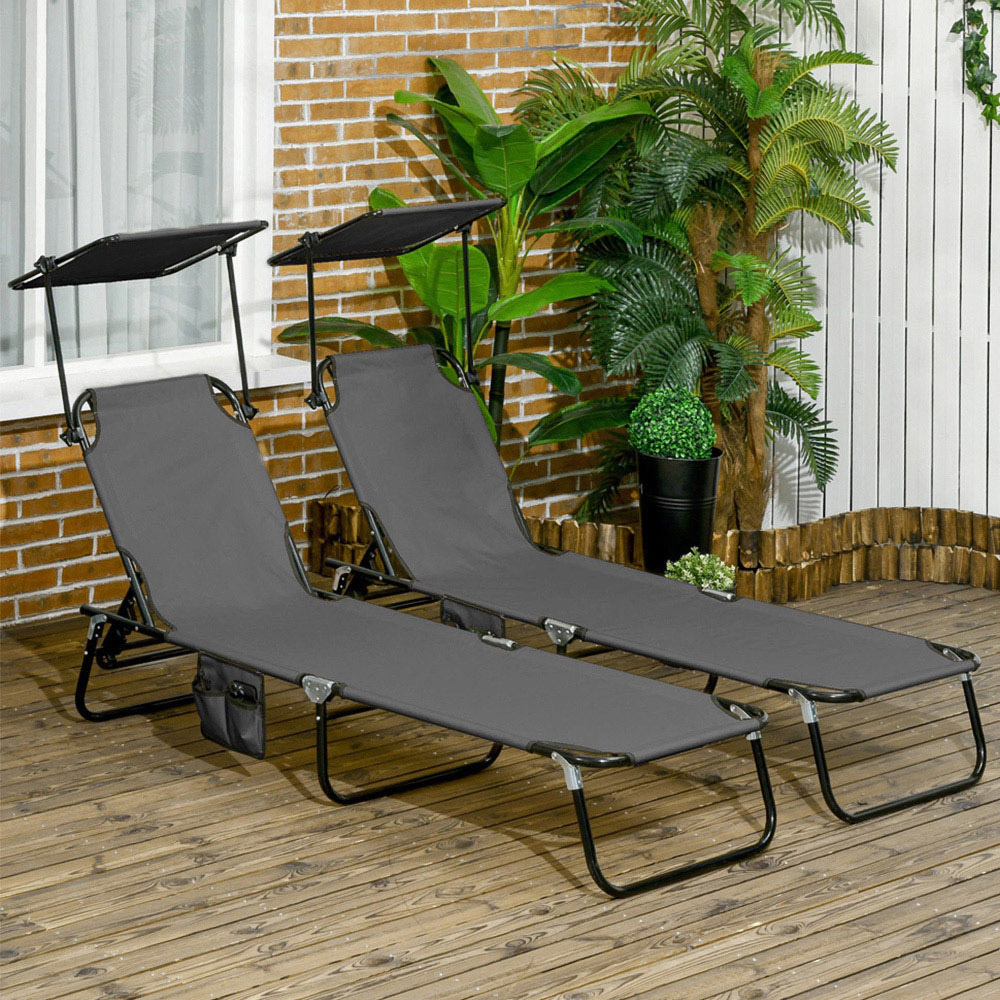 Outsunny Set of 2 Dark Grey Adjustable Folding Sun Lounger with Sunshade Roof Image 1