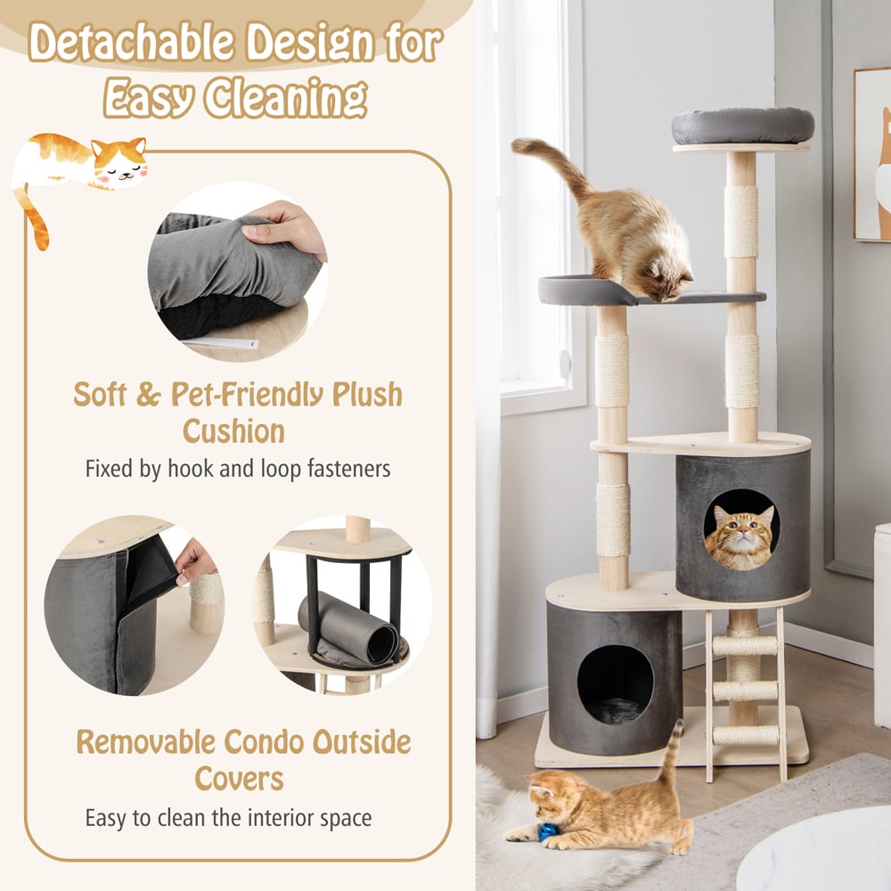 Costway Grey Cat Tree Tower with Cat Condo Image 7