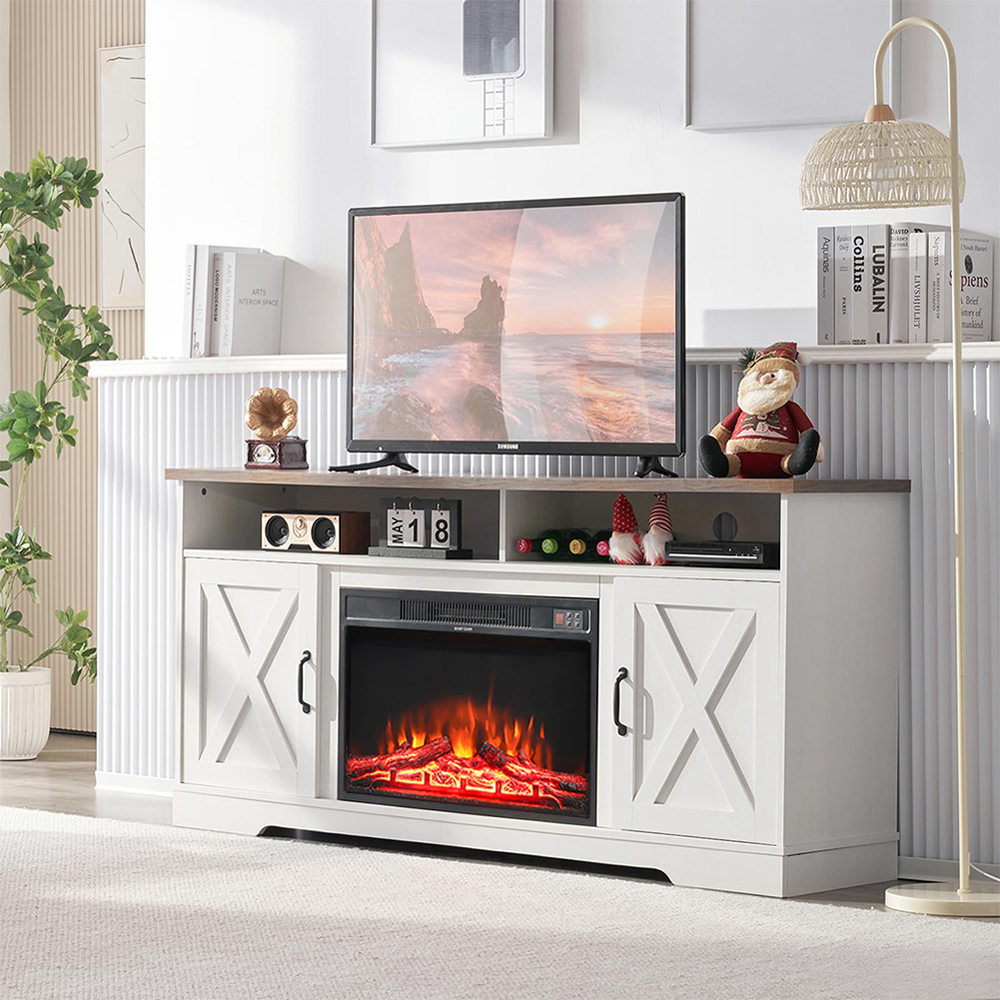 Living and Home White TV Stand Surround Set Electric Fireplace with Timer and Remote 24 inch Image 7