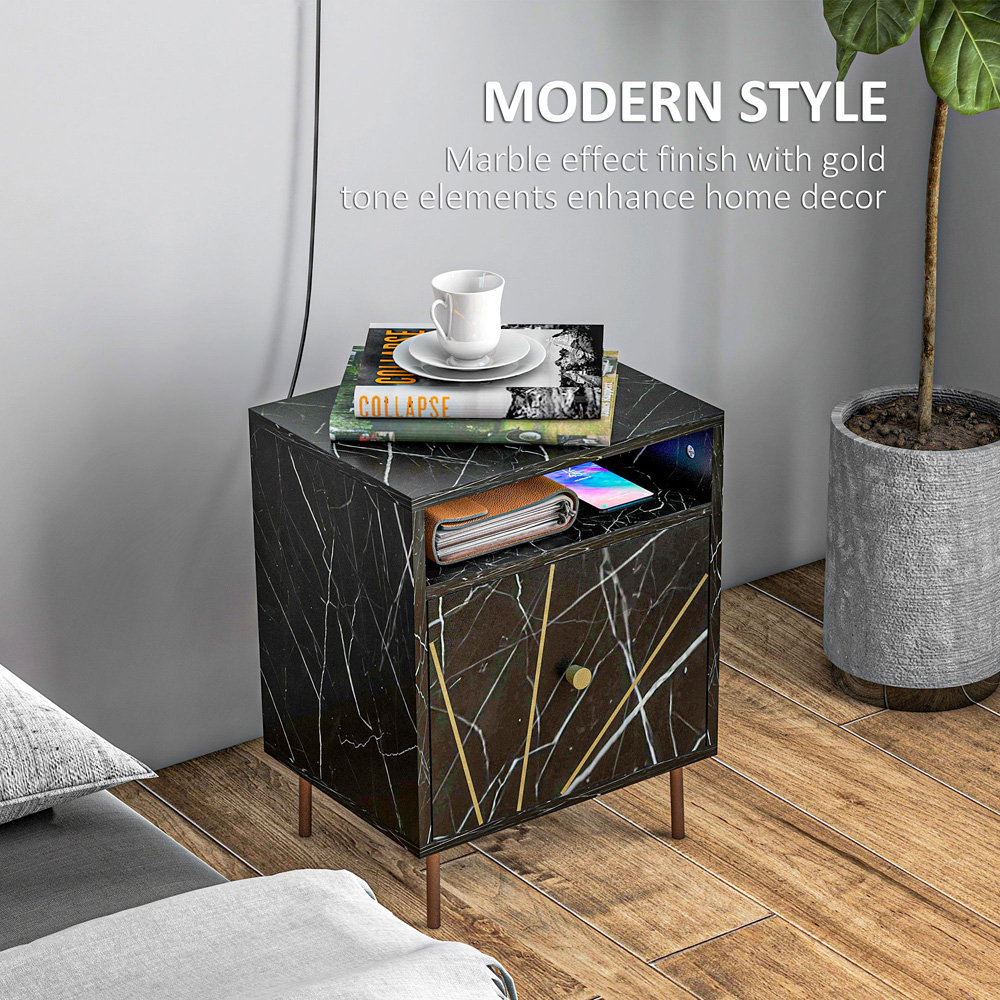 Portland Single Drawer Single Shelf Black Marble Bedside Table Image 5