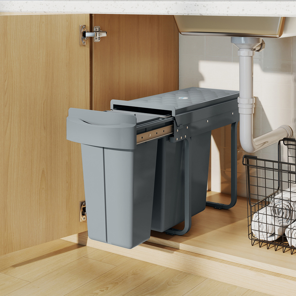 HOMCOM 2 Compartment Grey Metal Under-Sink Kitchen Recycling Bin 30L Image 8