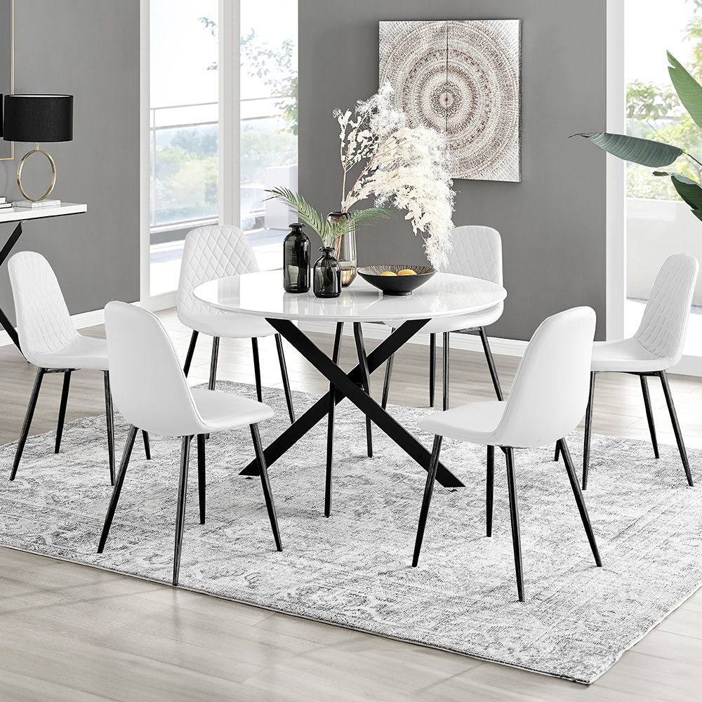 Furniturebox Arona Solara 6 Seater Round Dining Set White Gloss and Black Image 1