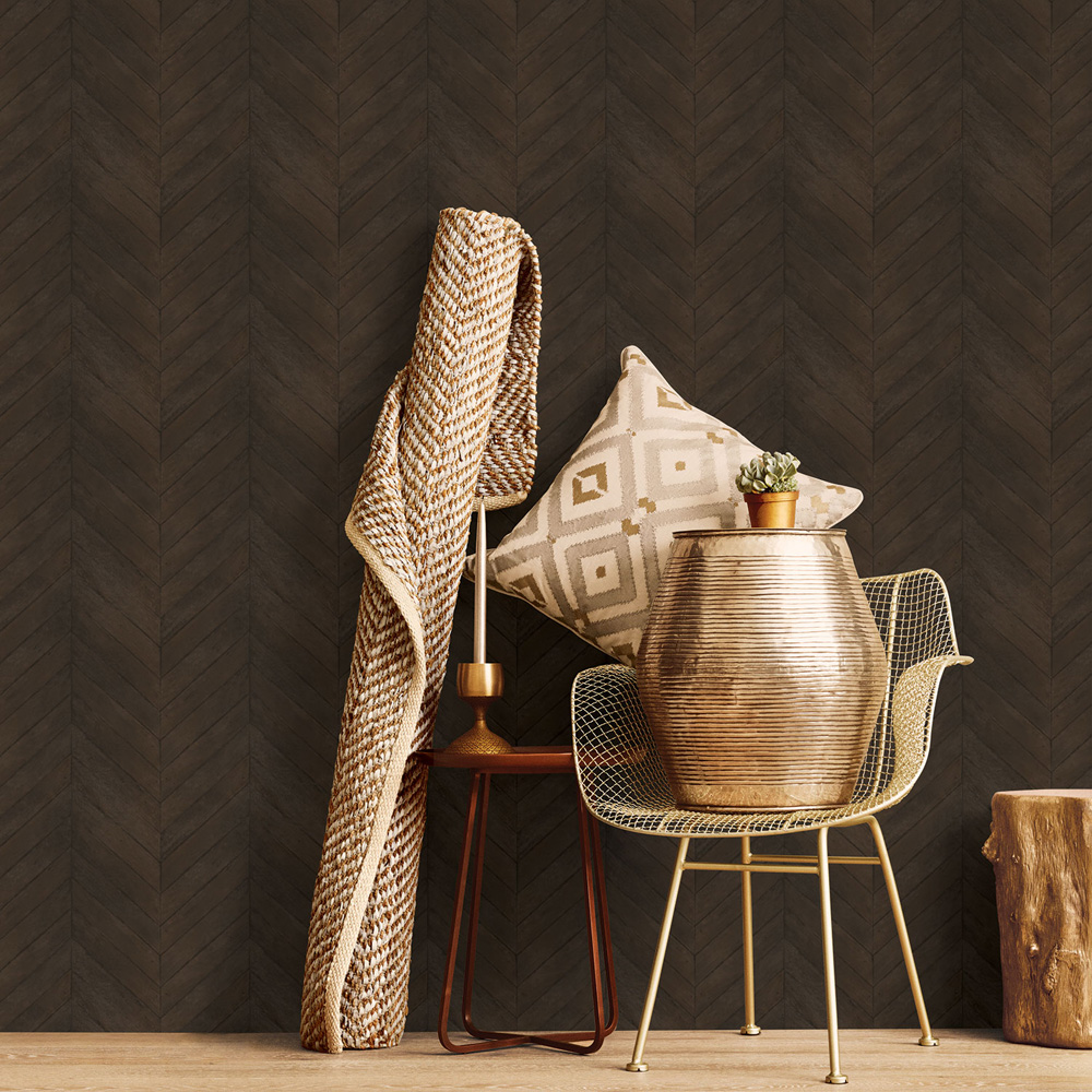 Galerie Organic Textures Herringbone Wood Dark Brown Wallpaper Image 2