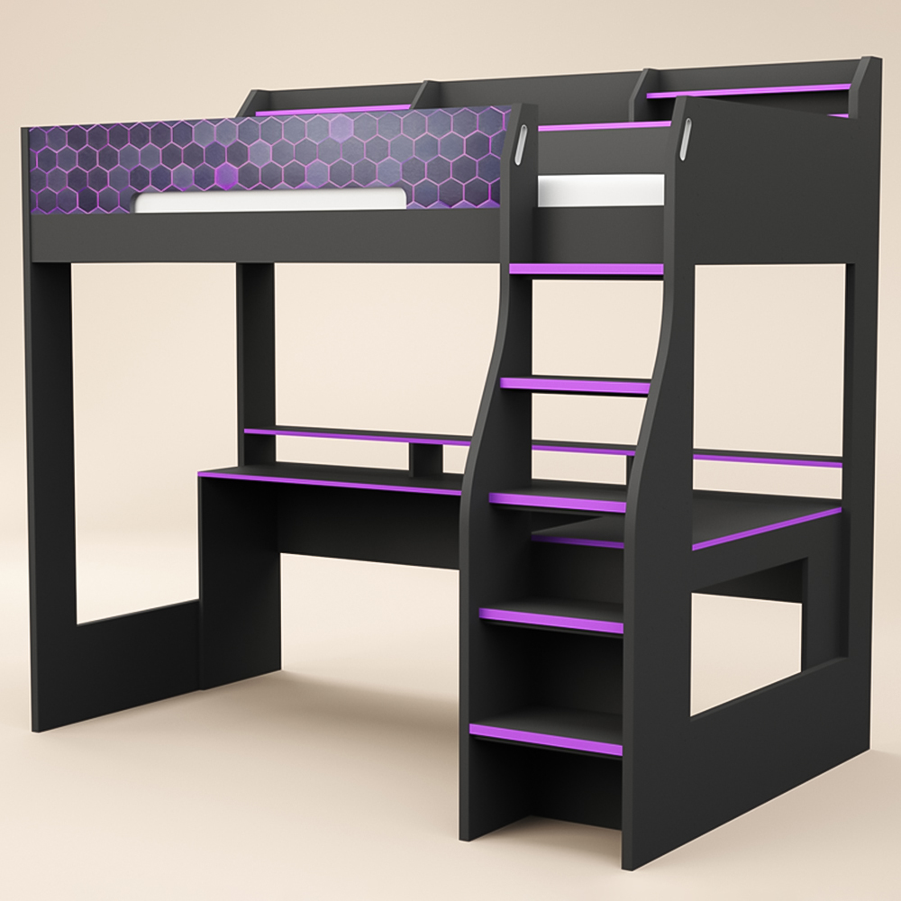 Recoil Ultimate Single Charcoal and Purple Gaming High Sleeper Bed with LED Image 2