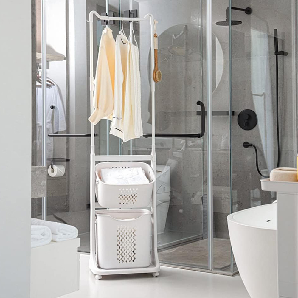 H&O Direct 2 in 1 Double Basket Laundry Hamper Clothes Rack with Wheels Image 2