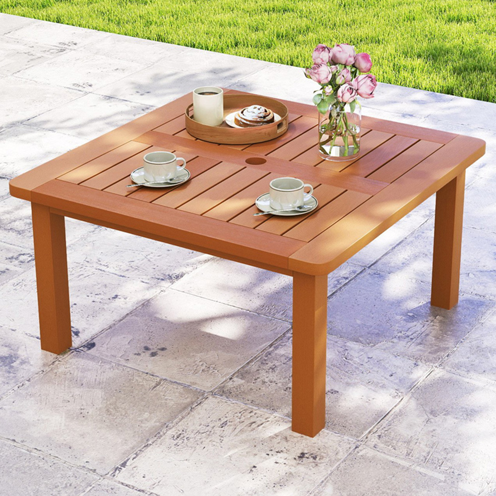 Costway Solid Wood Teak Oil Patio Coffee Table with Umbrella Hole Image 1