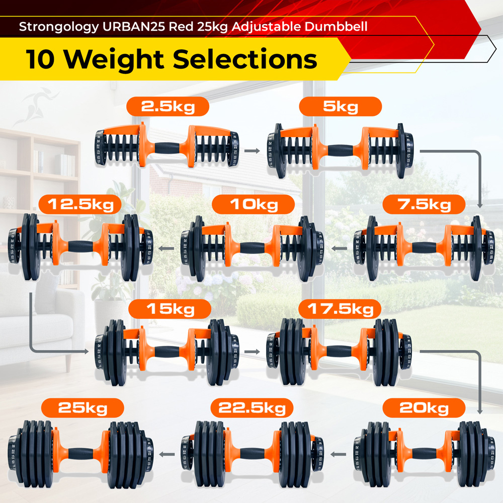 Strongology Urban25 Black and Orange Adjustable Smart Dumbbell 2.5 to 25kg 2 Pack Image 5