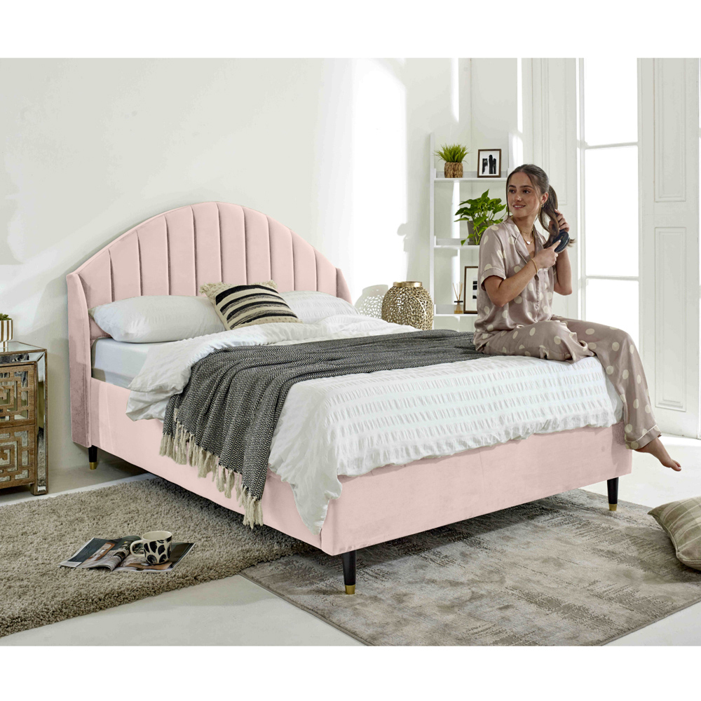 Eleganza Elysium Small Double Pink Plush Velvet Bed Frame with Curved Winged Headboard Image 4