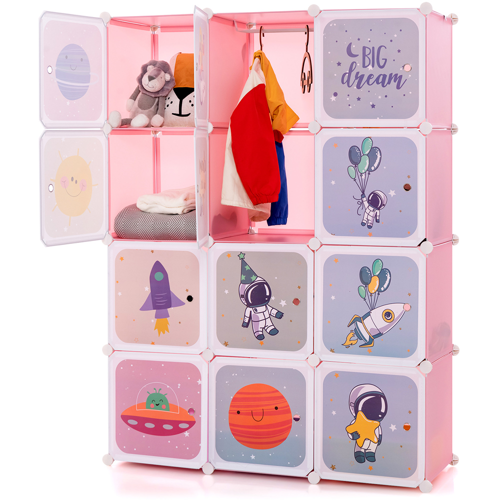 Costway 12 Cube Pink Portable Kids Wardrobe with Hanging Section Image 2