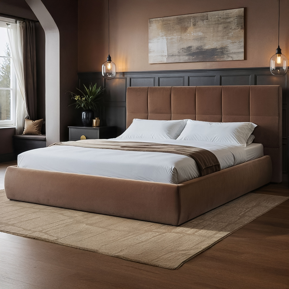 Solace+Co Mika King Size Chocolate Velvet Ottoman Bed Image 1