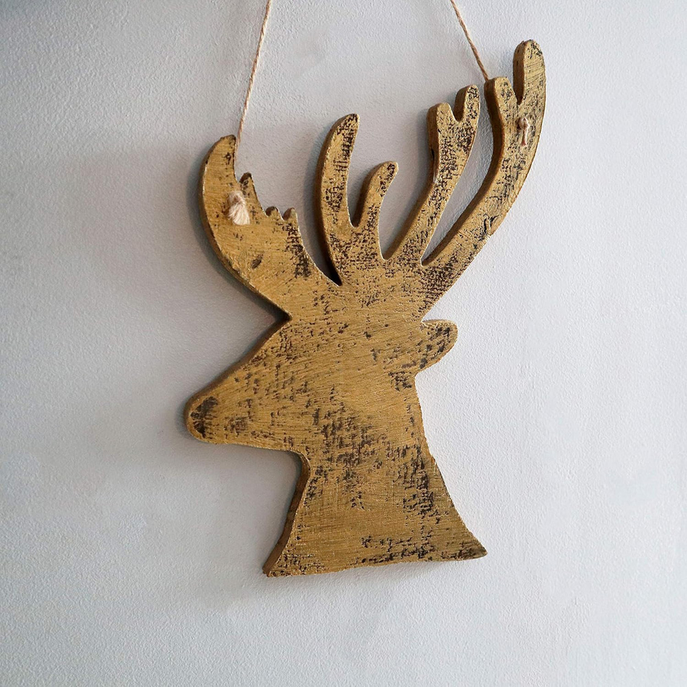 Shatchi Golden Deer Wooden Hanging Christmas Decoration 26cm Image 2