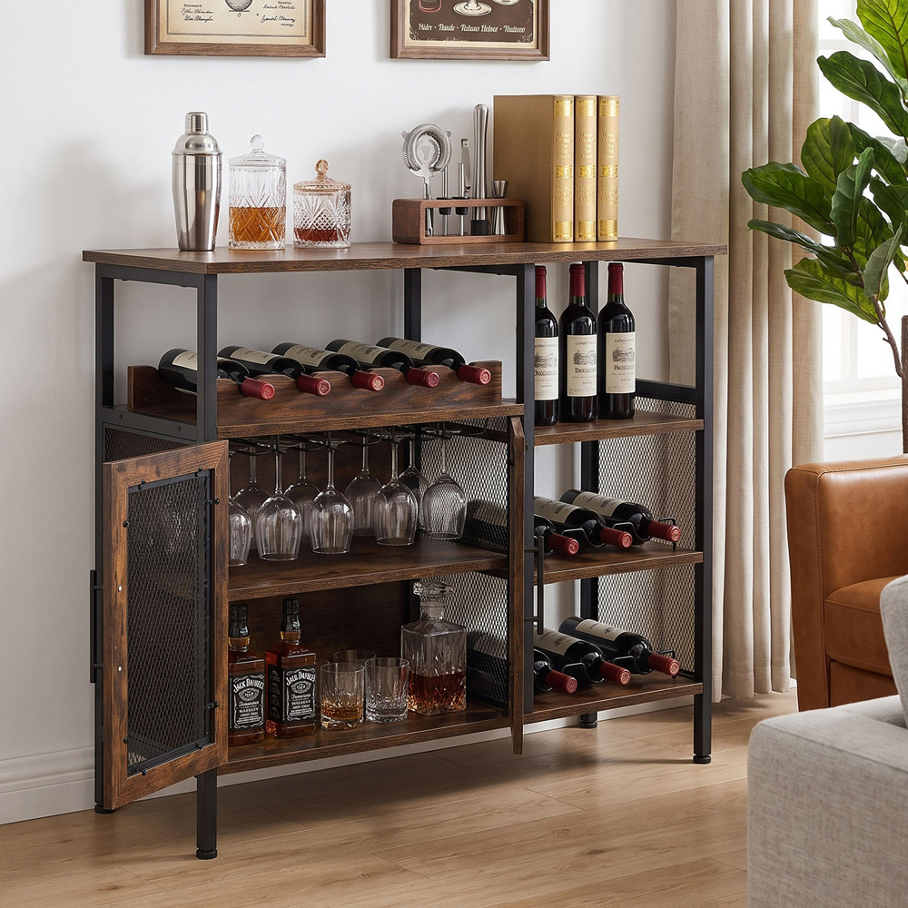 Living and Home 2 Door 3 Shelf Retro Brown Bar Cabinet with 5 Bottle Wine Rack Image 7