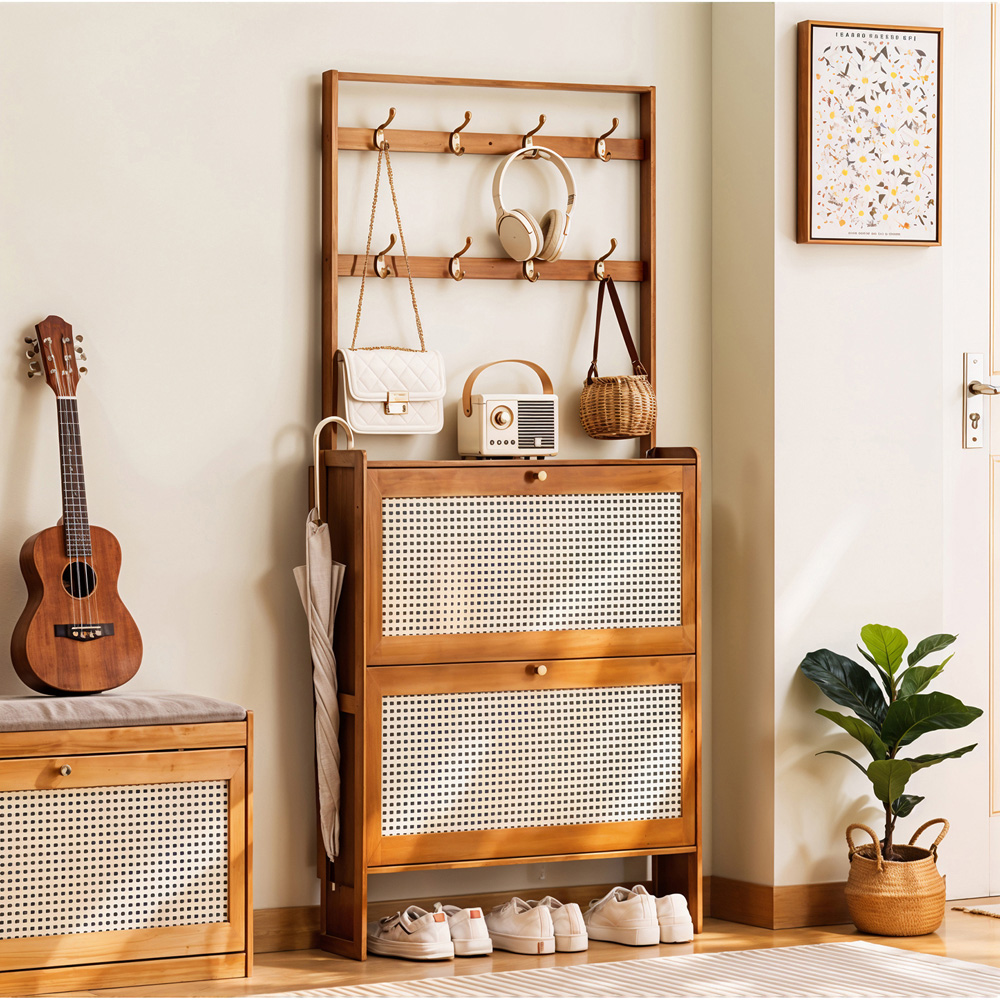 Living and Home 2 Flip Down Drawer Light Taupe Bamboo Shoe Cabinet with 8 Hooks Image 8