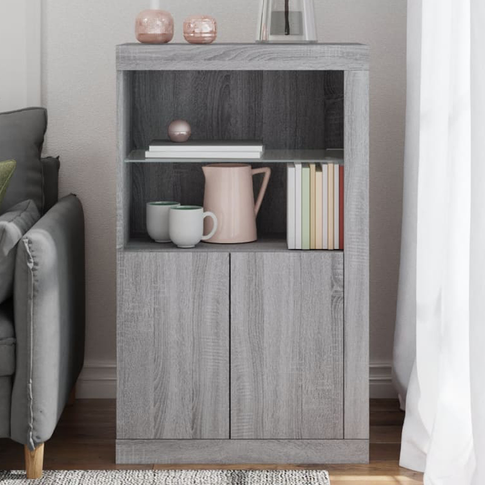 vidaXL 2 Door 2 Shelf LED Grey Sonoma Oak Side Cabinet Image 1